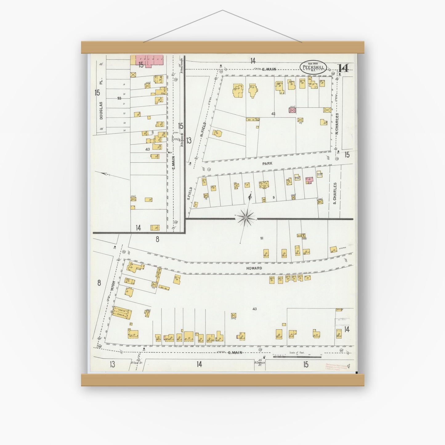 Old map wall art mockup — magnetic wood frame on white wall — Sanborn Fire Insurance Map from Peekskill, Westchester County, New York (1900), Sheet #0014