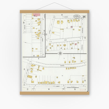 Old map wall art mockup — magnetic wood frame on white wall — Sanborn Fire Insurance Map from Peekskill, Westchester County, New York (1900), Sheet #0014