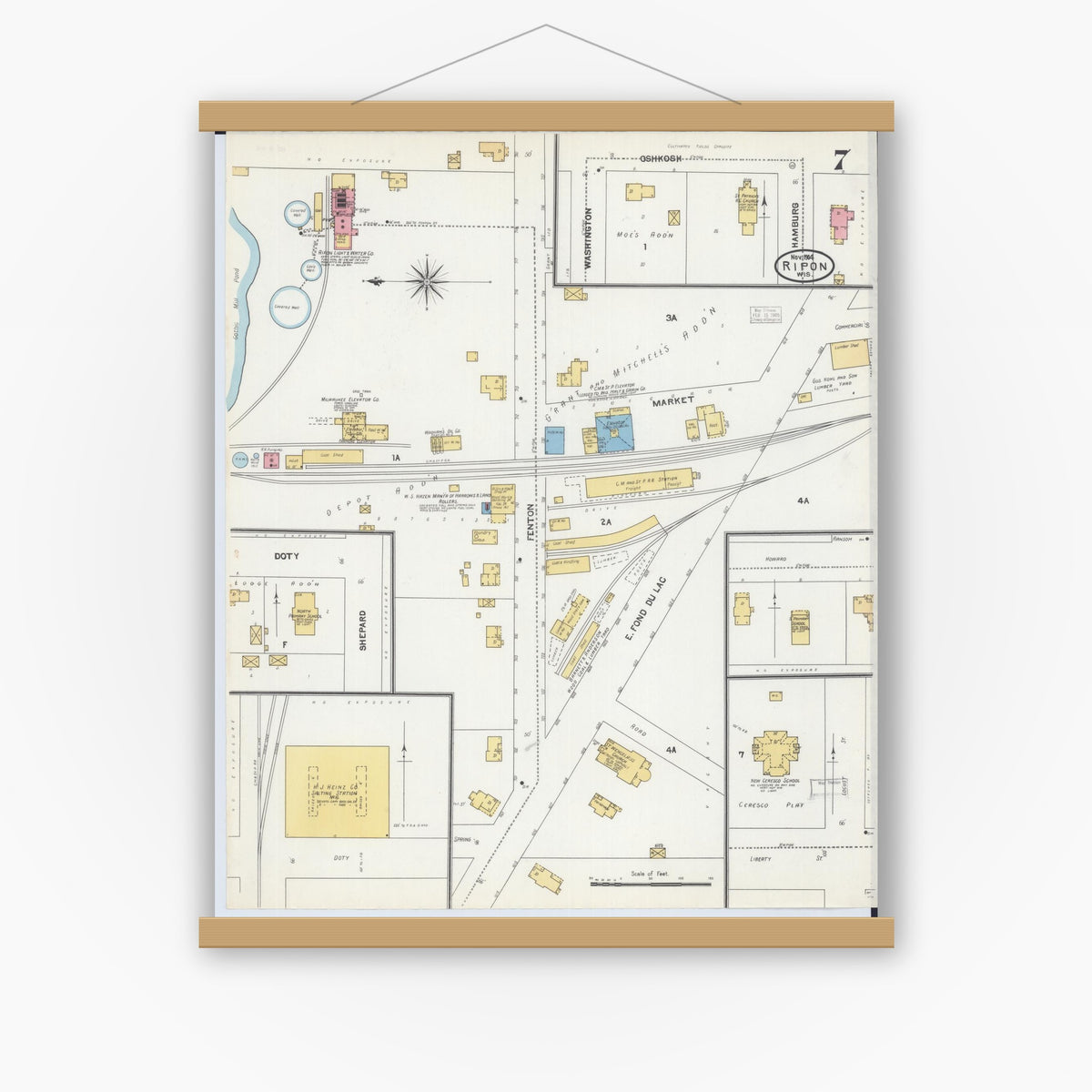 Old map wall art mockup — magnetic wood frame on white wall — Sanborn Fire Insurance Map from Ripon, Fond du Lac County, Wisconsin (1904), Sheet #0007
