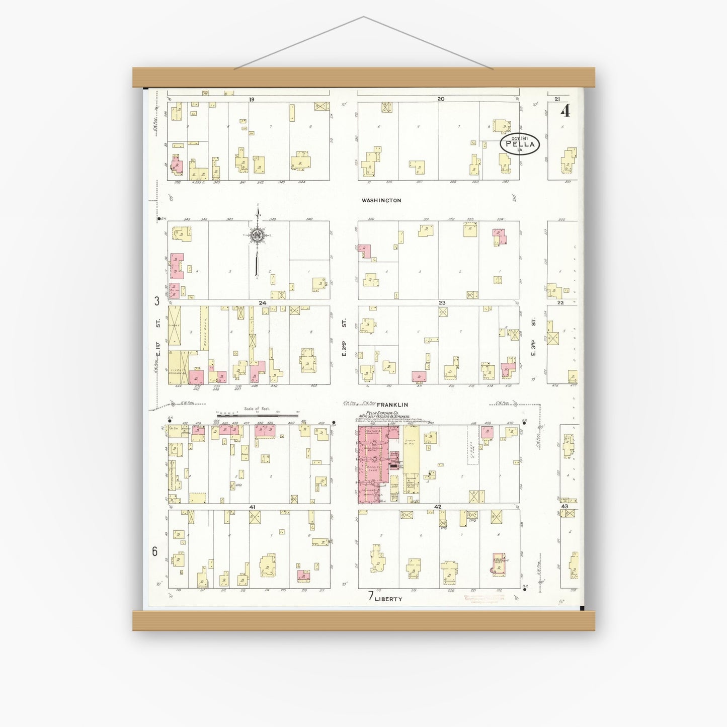 Old map wall art mockup — magnetic wood frame on white wall — Sanborn Fire Insurance Map from Pella, Marion County, Iowa (1911), Sheet #0004