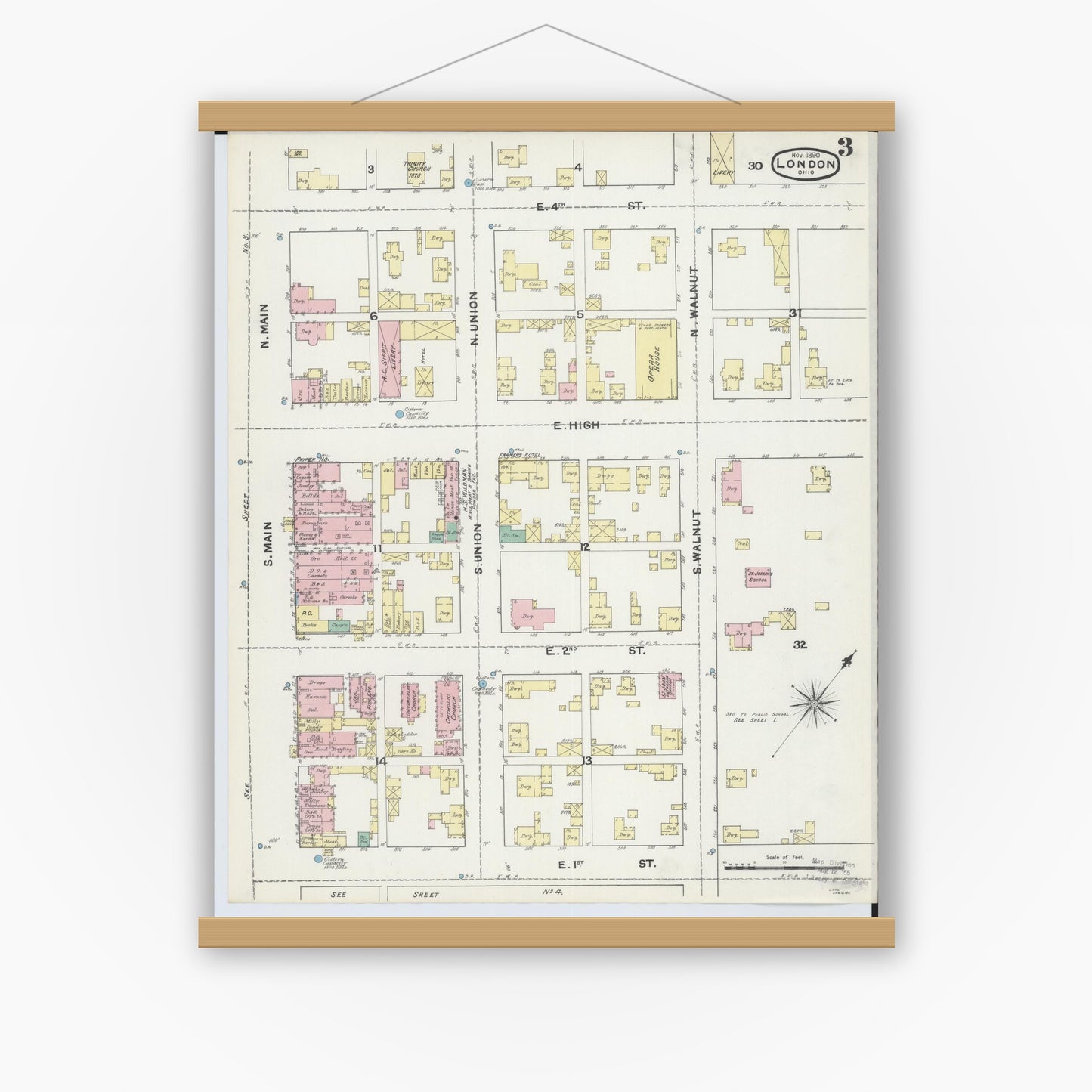 Old map wall art mockup — magnetic wood frame on white wall — Sanborn Fire Insurance Map from London, Madison County, Ohio (1890), Sheet #0003