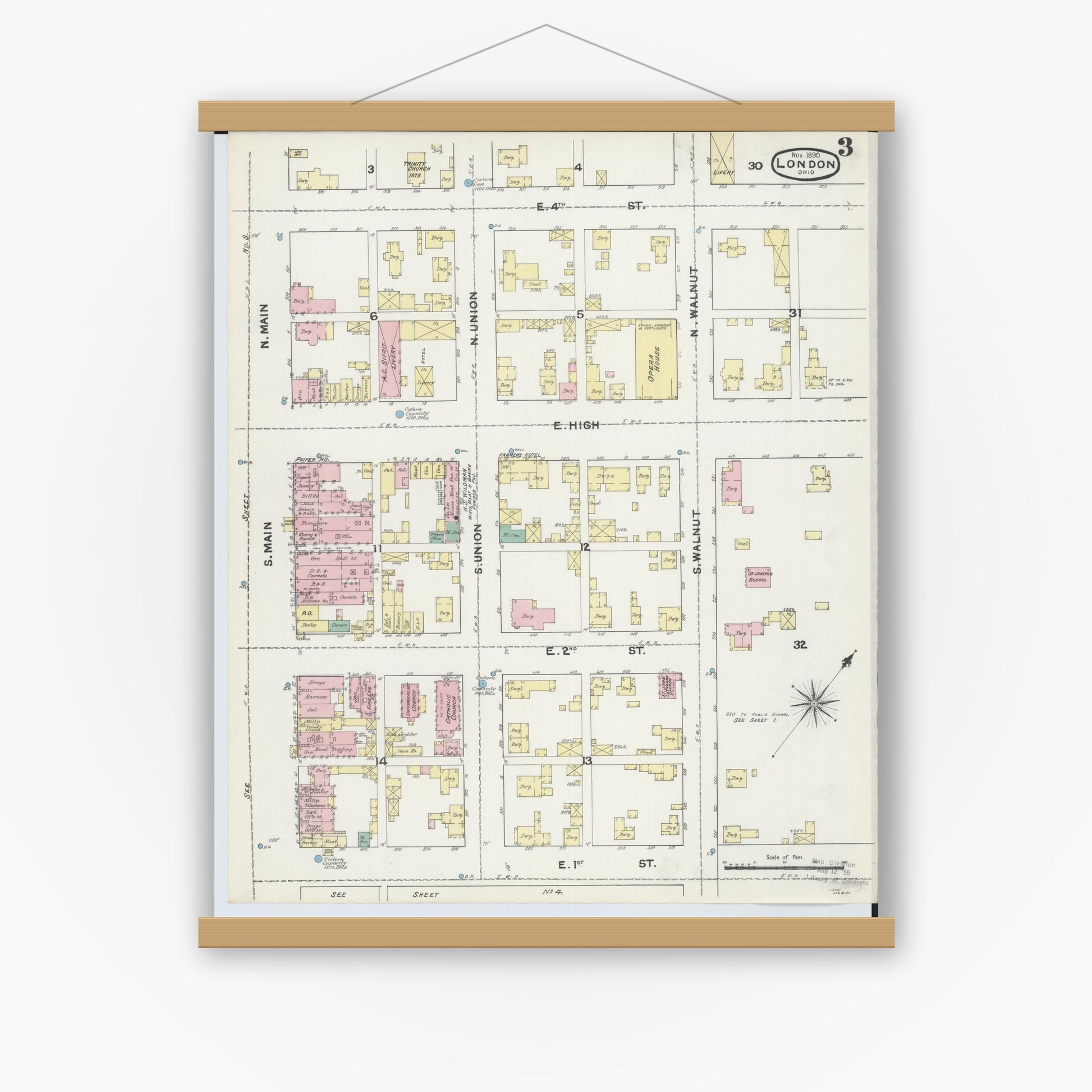 Old map wall art mockup — magnetic wood frame on white wall — Sanborn Fire Insurance Map from London, Madison County, Ohio (1890), Sheet #0003