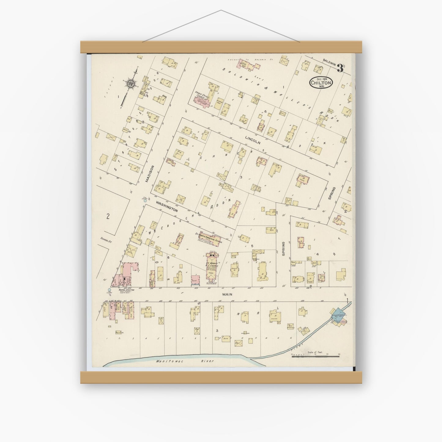 Old map wall art mockup — magnetic wood frame on white wall — Sanborn Fire Insurance Map from Chilton, Calumet County, Wisconsin (1914), Sheet #0003