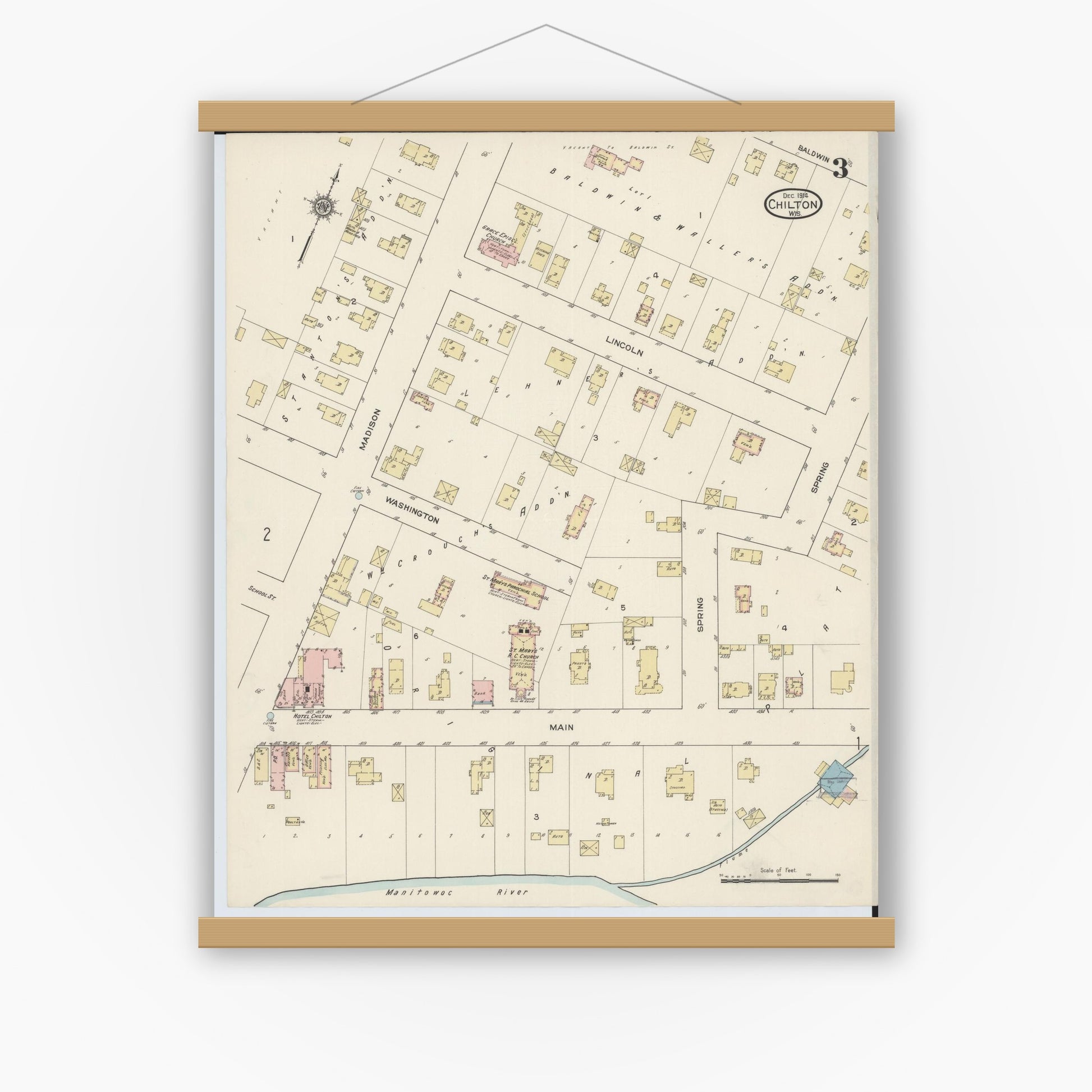 Old map wall art mockup — magnetic wood frame on white wall — Sanborn Fire Insurance Map from Chilton, Calumet County, Wisconsin (1914), Sheet #0003