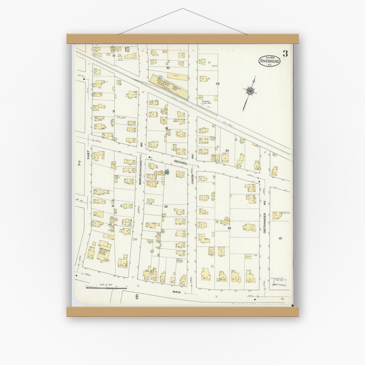Old map wall art mockup — magnetic wood frame on white wall — Sanborn Fire Insurance Map from Riverhead, Suffolk County, New York (1909), Sheet #0003