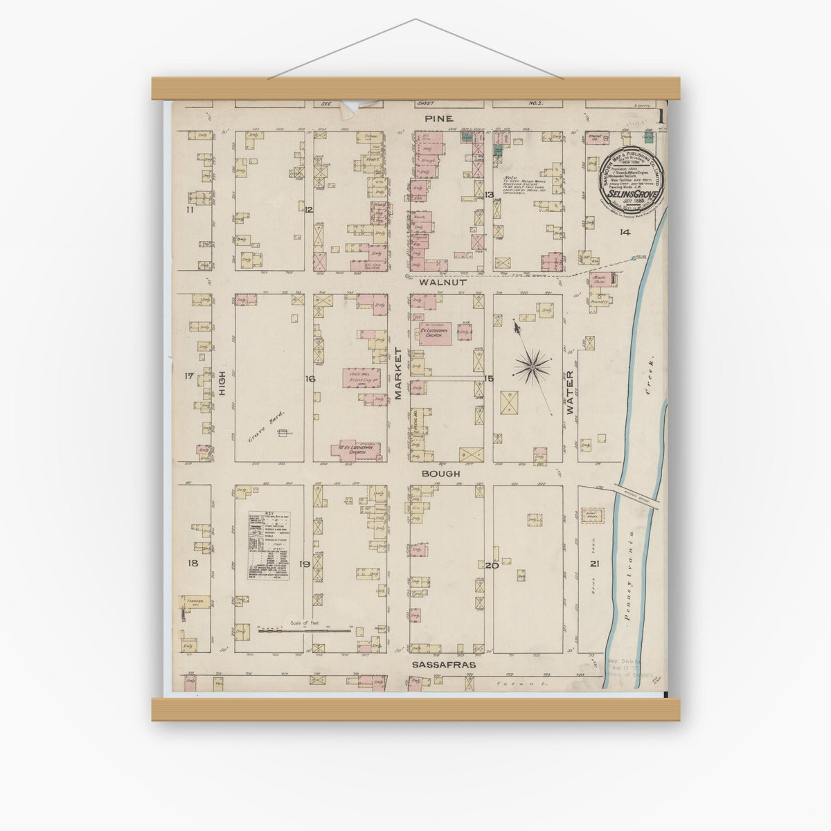 Old map wall art mockup — magnetic wood frame on white wall — Sanborn Fire Insurance Map from Selins Grove, Snyder County, Pennsylvania (1885) - Complete Map Set