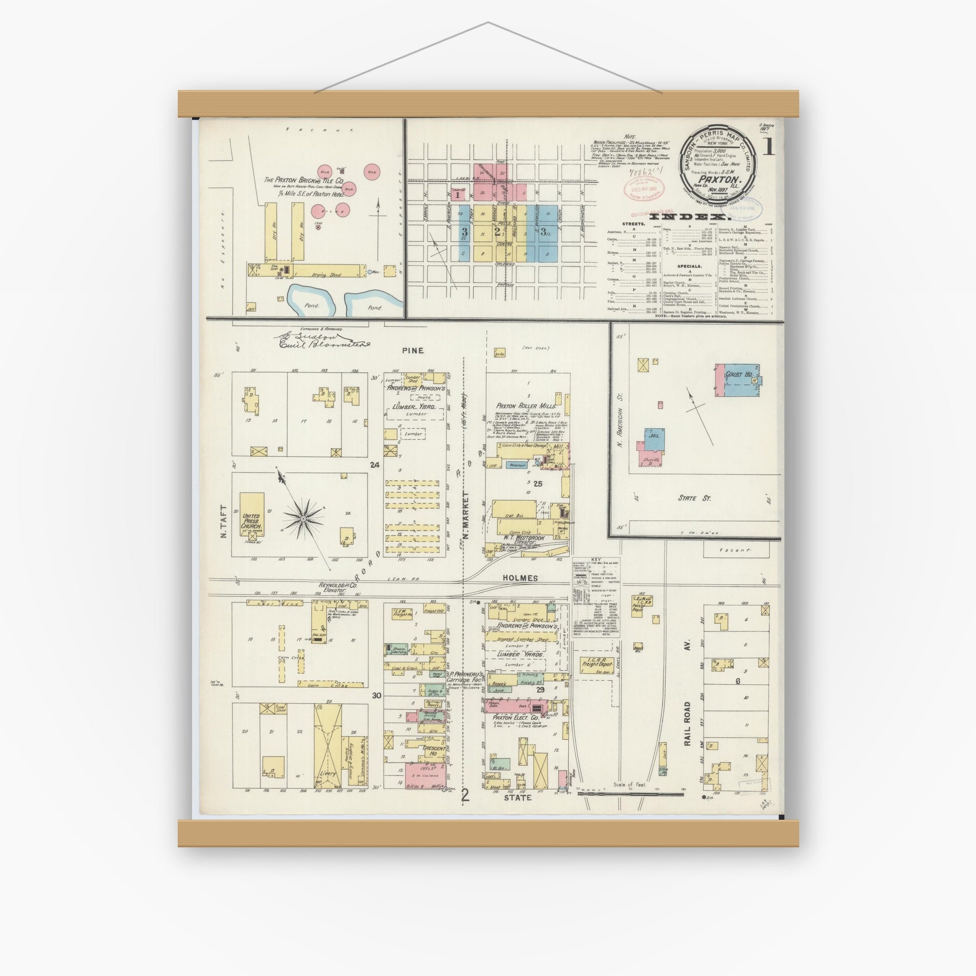 Old map wall art mockup — magnetic wood frame on white wall — Sanborn Fire Insurance Map from Paxton, Ford County, Illinois (1897) - Complete Map Set