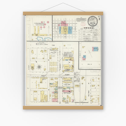 Old map wall art mockup — magnetic wood frame on white wall — Sanborn Fire Insurance Map from Paxton, Ford County, Illinois (1897) - Complete Map Set