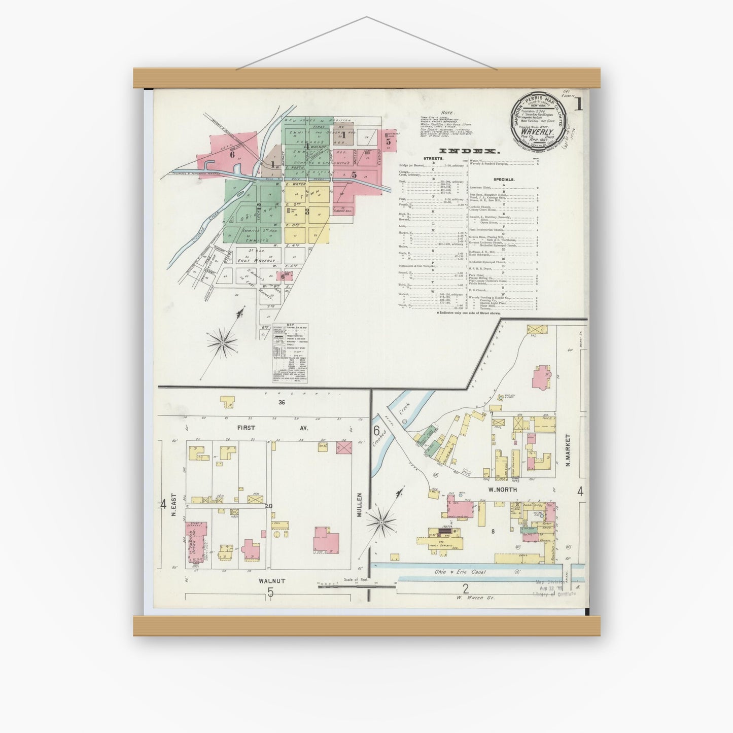 Old map wall art mockup — magnetic wood frame on white wall — Sanborn Fire Insurance Map from Waverly, Pike County, Ohio (1897), Sheet #0001