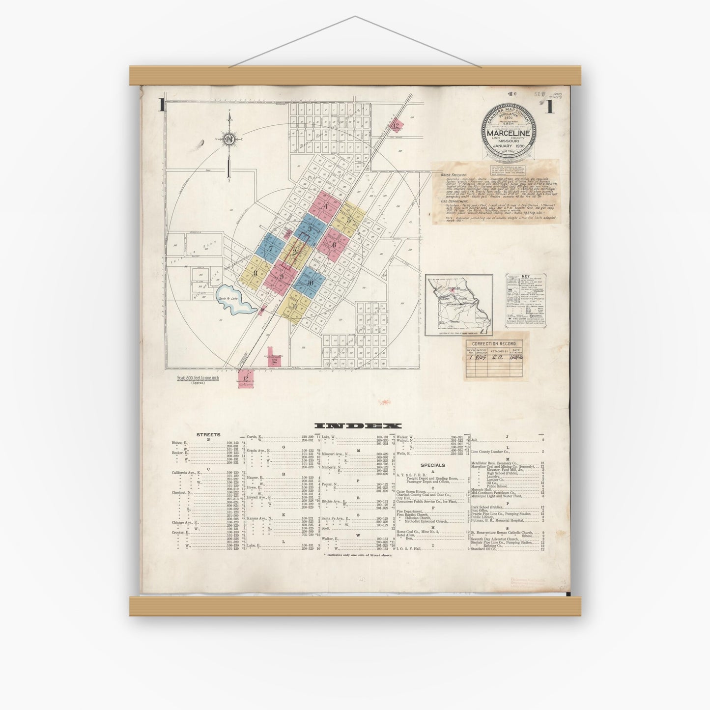 Old map wall art mockup — magnetic wood frame on white wall — Sanborn Fire Insurance Map from Marceline, Linn County, Missouri (1939), Sheet #0001