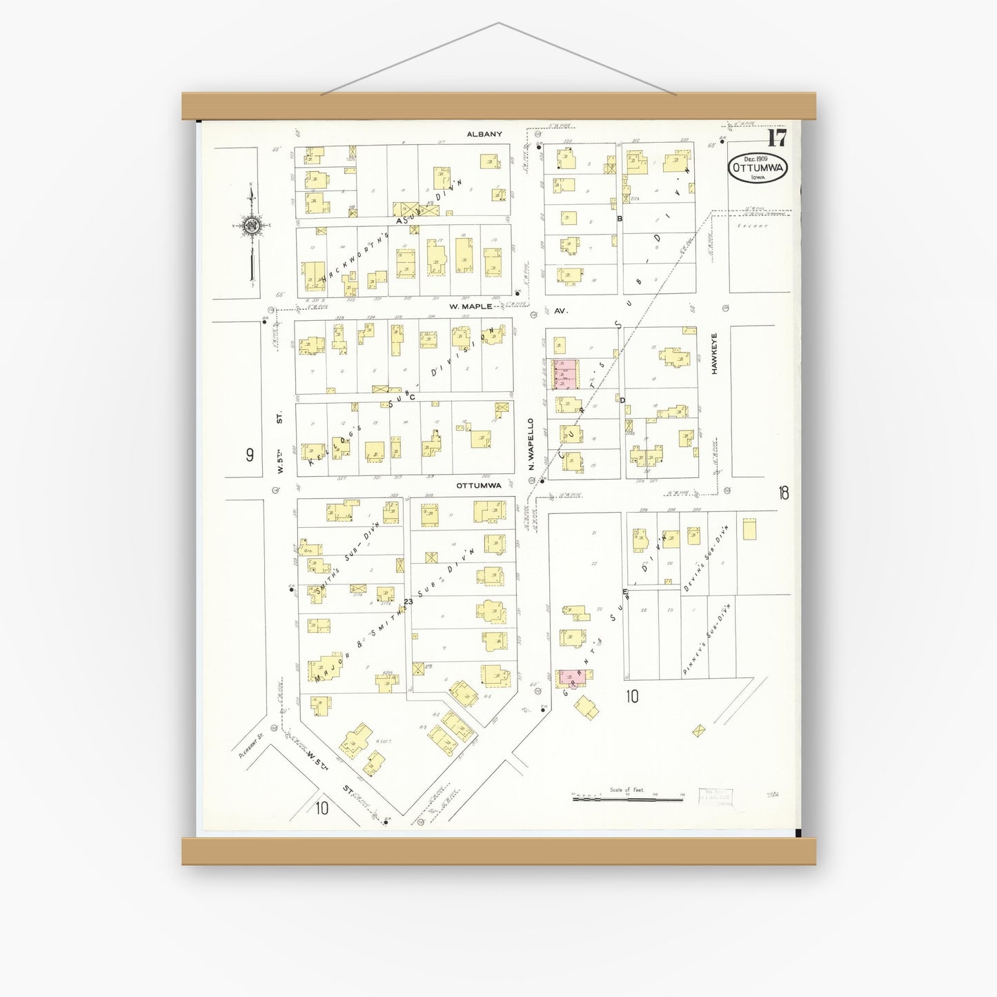 Old map wall art mockup — magnetic wood frame on white wall — Sanborn Fire Insurance Map from Ottumwa, Wapello County, Iowa (1909), Sheet #0017