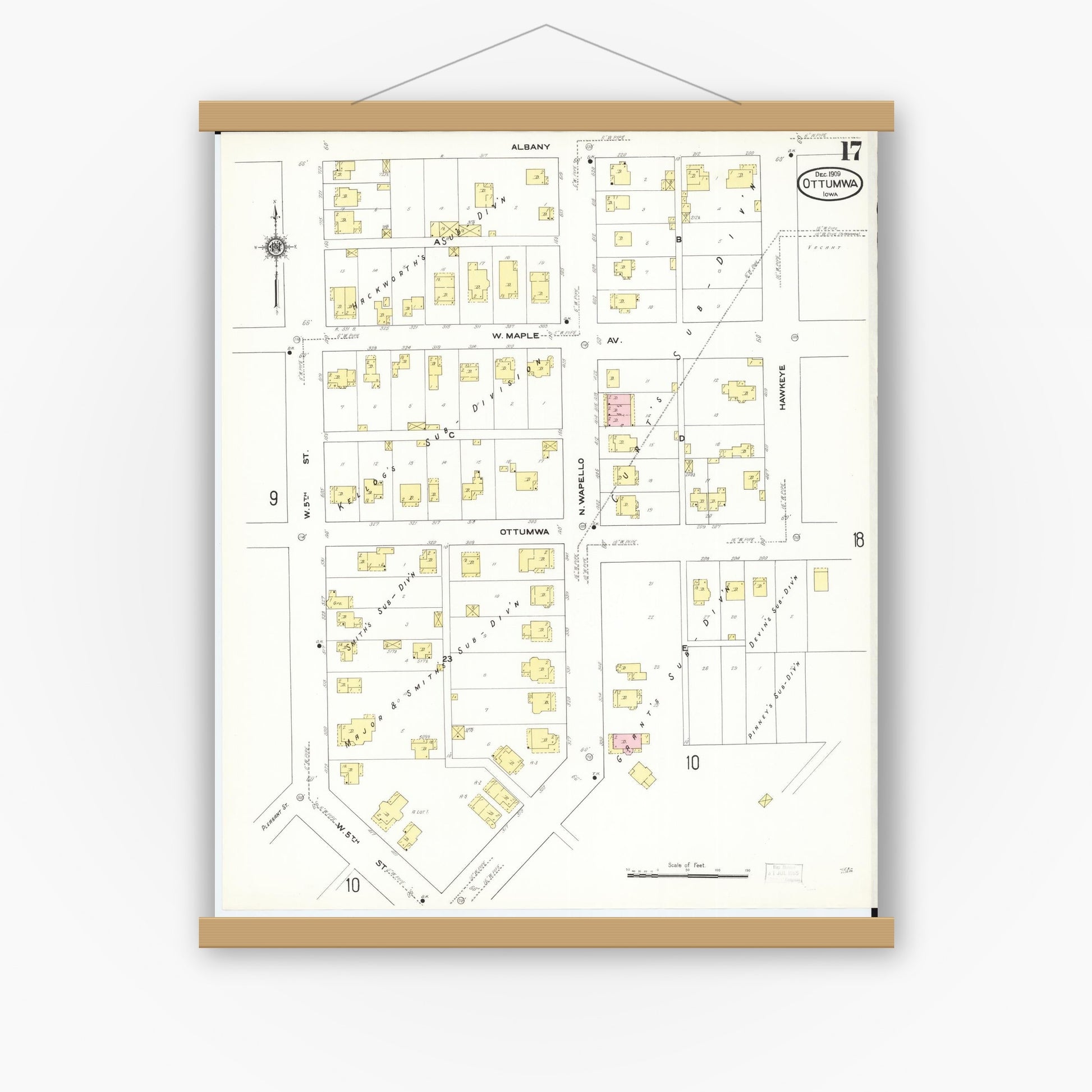 Old map wall art mockup — magnetic wood frame on white wall — Sanborn Fire Insurance Map from Ottumwa, Wapello County, Iowa (1909), Sheet #0017