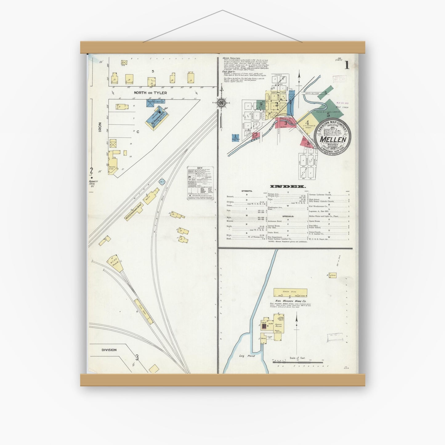 Old map wall art mockup — magnetic wood frame on white wall — Sanborn Fire Insurance Map from Mellen, Ashland County, Wisconsin (1909), Sheet #0001