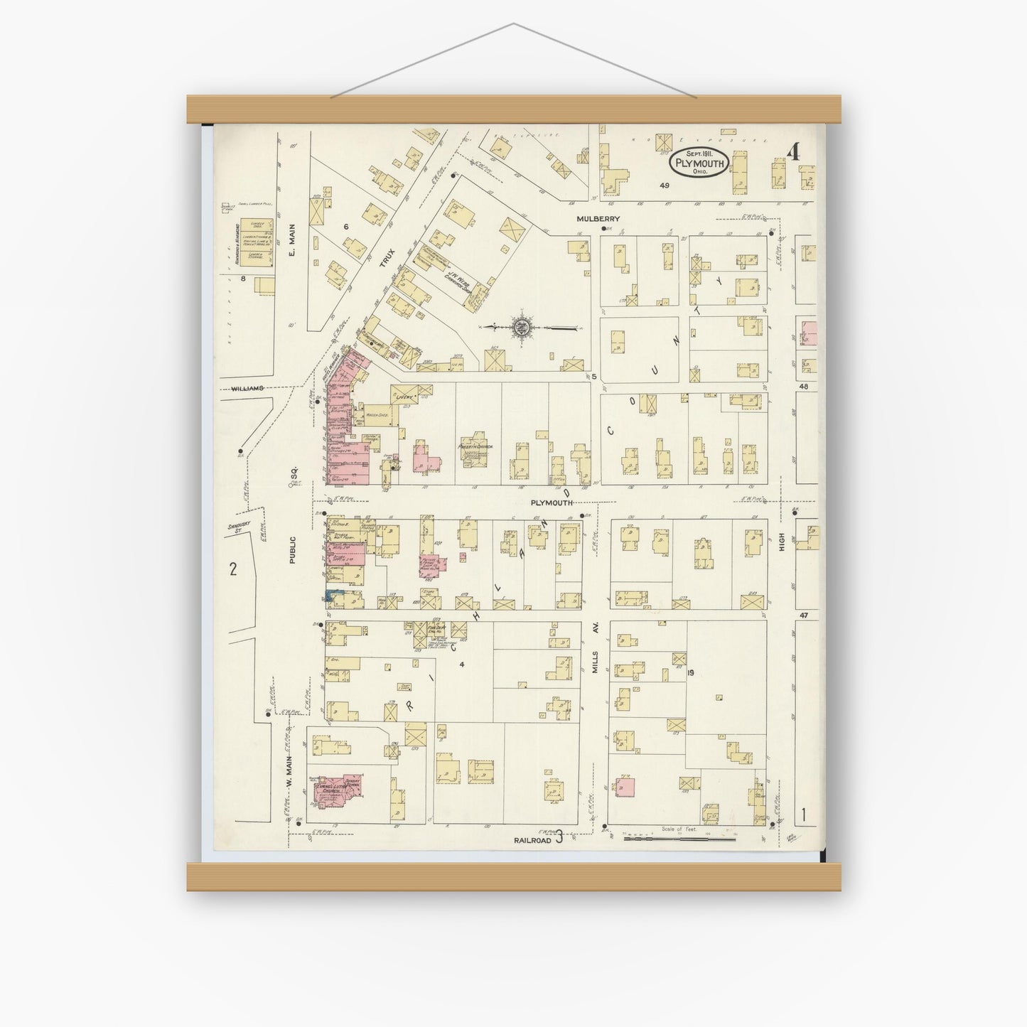 Old map wall art mockup — magnetic wood frame on white wall — Sanborn Fire Insurance Map from Plymouth, Huron And Richland Counties, Ohio (1911), Sheet #0004