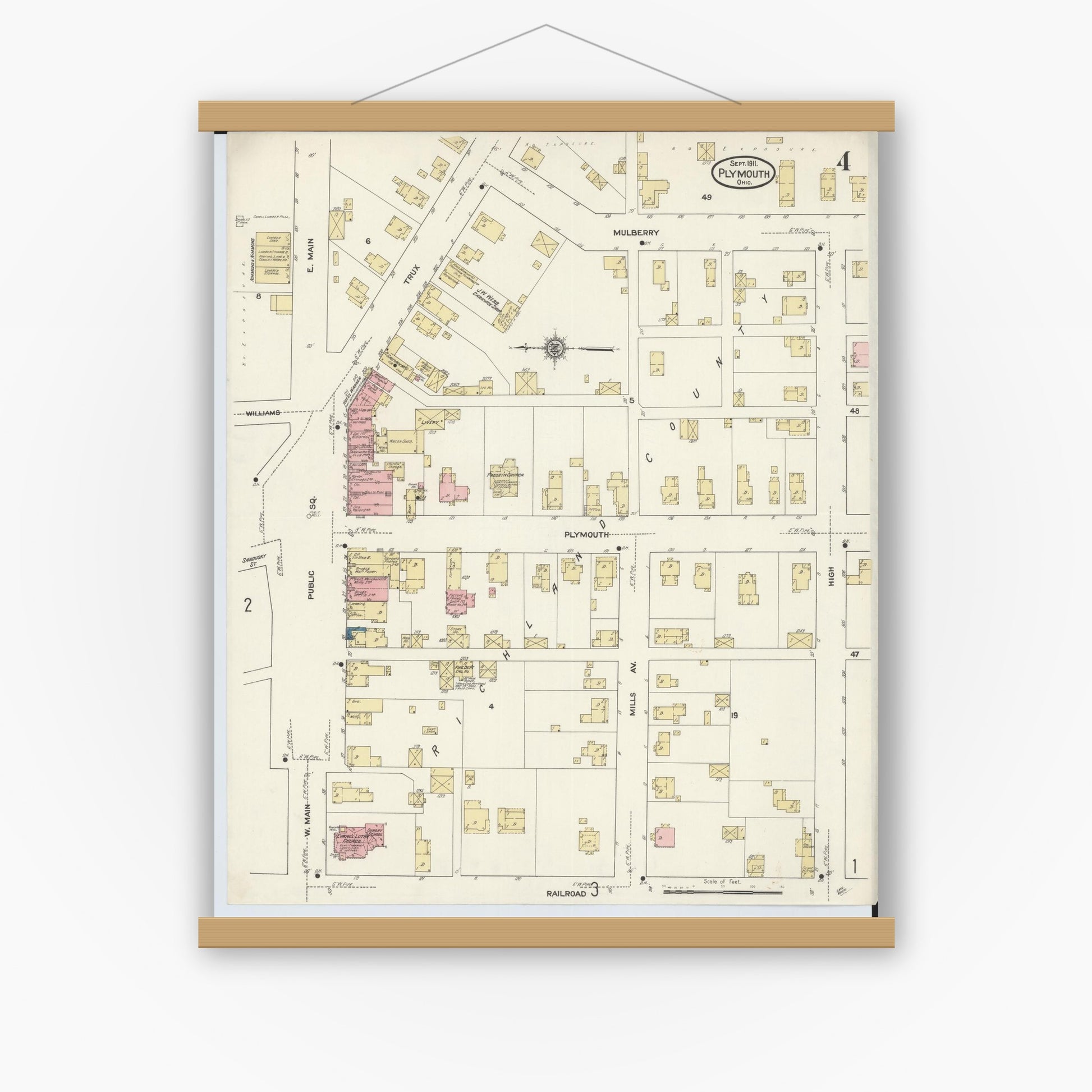 Old map wall art mockup — magnetic wood frame on white wall — Sanborn Fire Insurance Map from Plymouth, Huron And Richland Counties, Ohio (1911), Sheet #0004