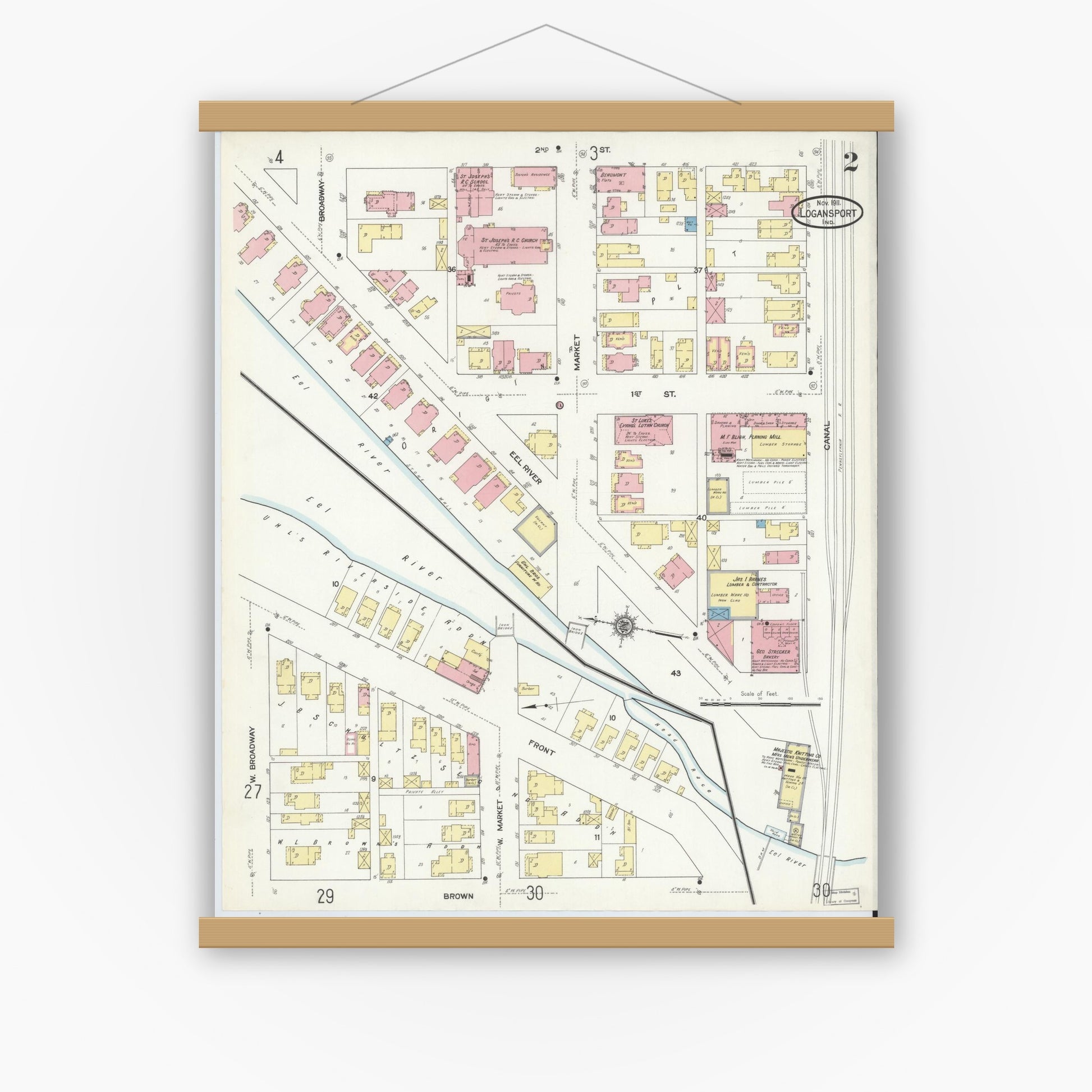Old map wall art mockup — magnetic wood frame on white wall — Sanborn Fire Insurance Map from Logansport, Cass County, Indiana (1911), Sheet #0002
