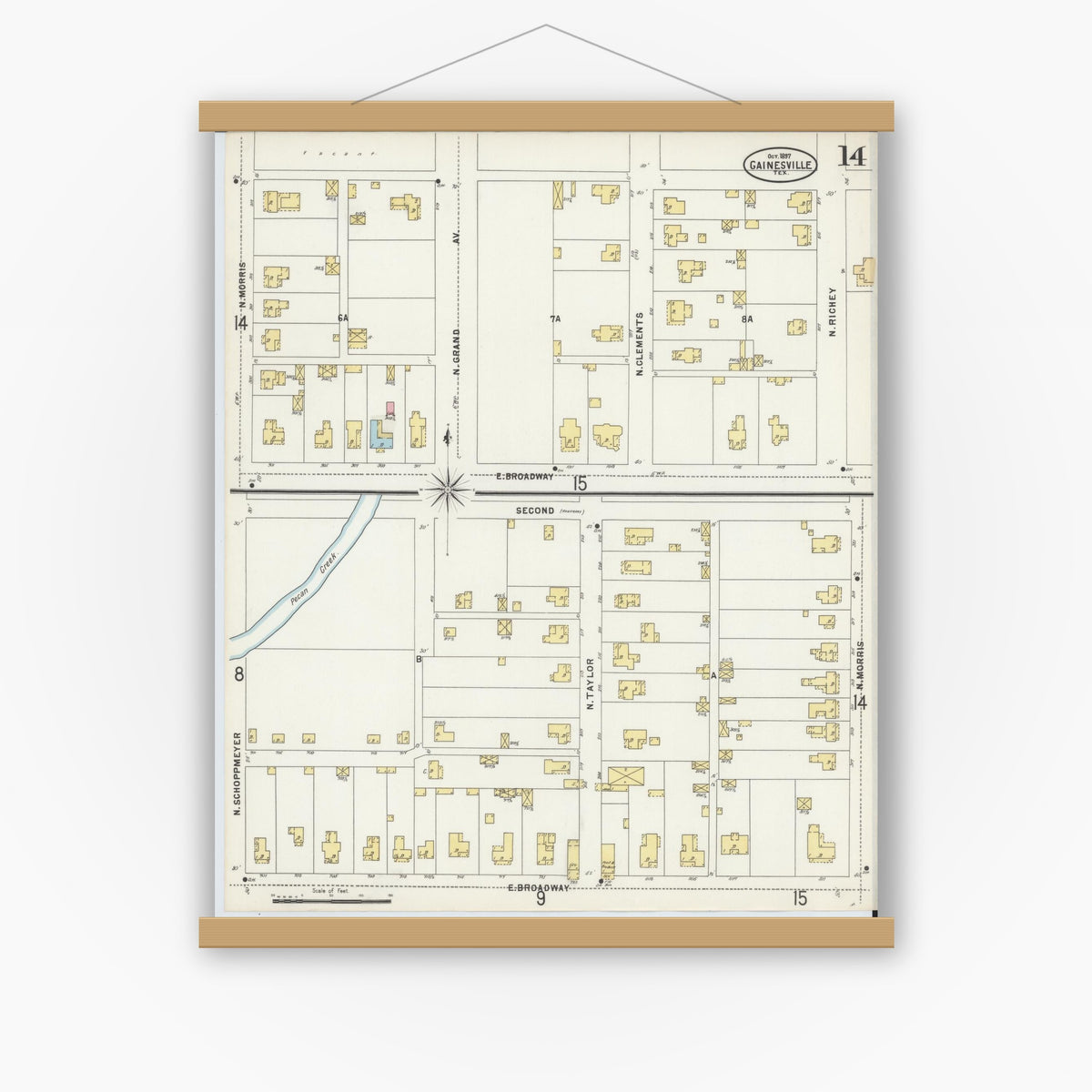 Old map wall art mockup — magnetic wood frame on white wall — Sanborn Fire Insurance Map from Gainesville, Cooke County, Texas (1897), Sheet #0014