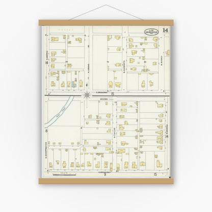Old map wall art mockup — magnetic wood frame on white wall — Sanborn Fire Insurance Map from Gainesville, Cooke County, Texas (1897), Sheet #0014