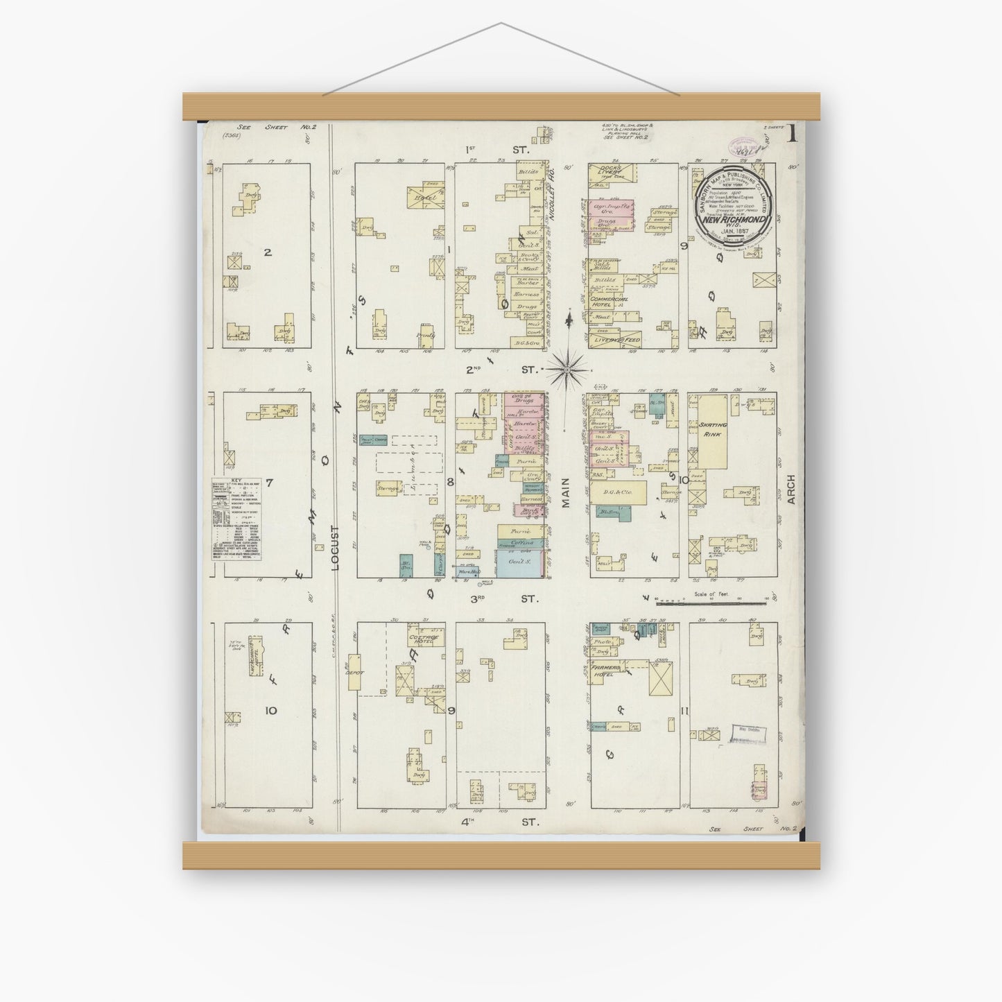 Old map wall art mockup — magnetic wood frame on white wall — Sanborn Fire Insurance Map from New Richmond, St. Croix County, Wisconsin (1887) - Complete Map Set