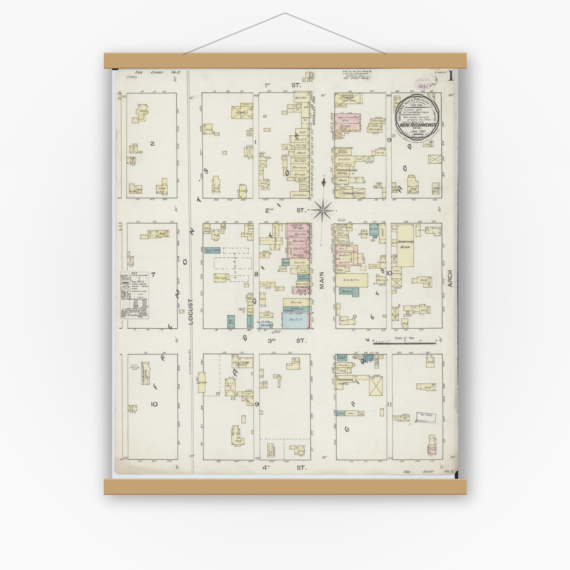 Old map wall art mockup — magnetic wood frame on white wall — Sanborn Fire Insurance Map from New Richmond, St. Croix County, Wisconsin (1887) - Complete Map Set