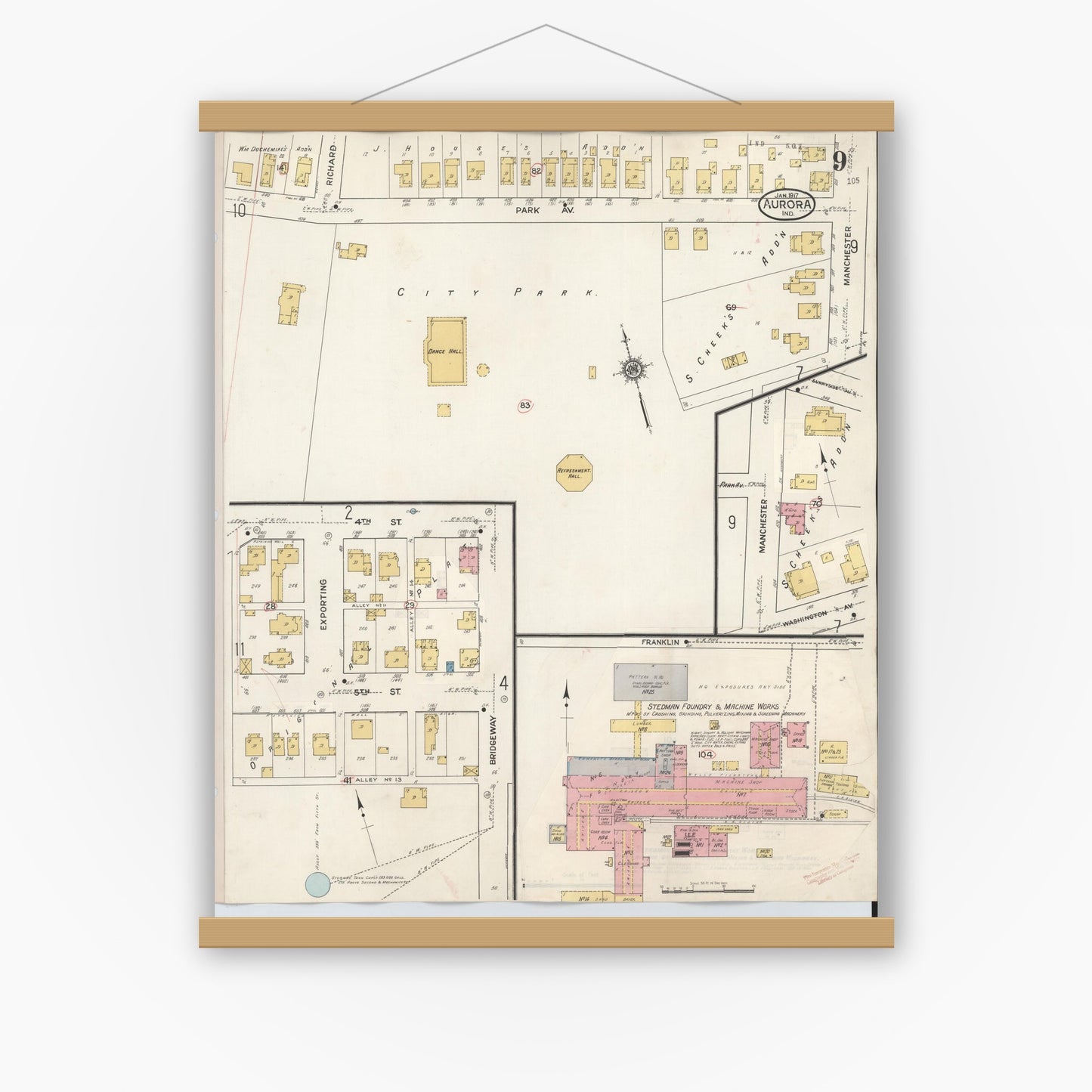 Old map wall art mockup — magnetic wood frame on white wall — Sanborn Fire Insurance Map from Aurora, Dearborn County, Indiana (1935), Sheet #0009