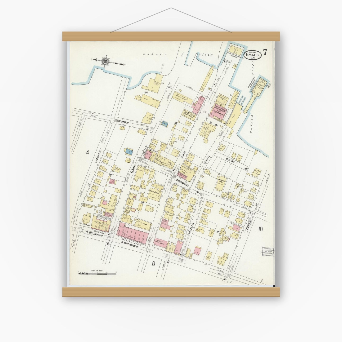 Old map wall art mockup — magnetic wood frame on white wall — Sanborn Fire Insurance Map from Nyack, Rockland County, New York. (1910), Sheet #0007