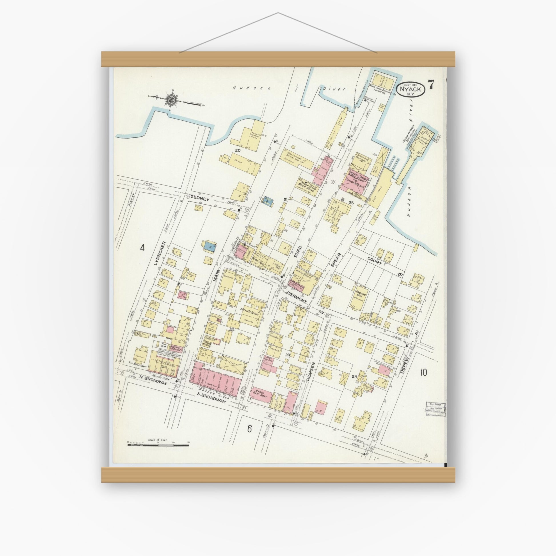 Old map wall art mockup — magnetic wood frame on white wall — Sanborn Fire Insurance Map from Nyack, Rockland County, New York. (1910), Sheet #0007