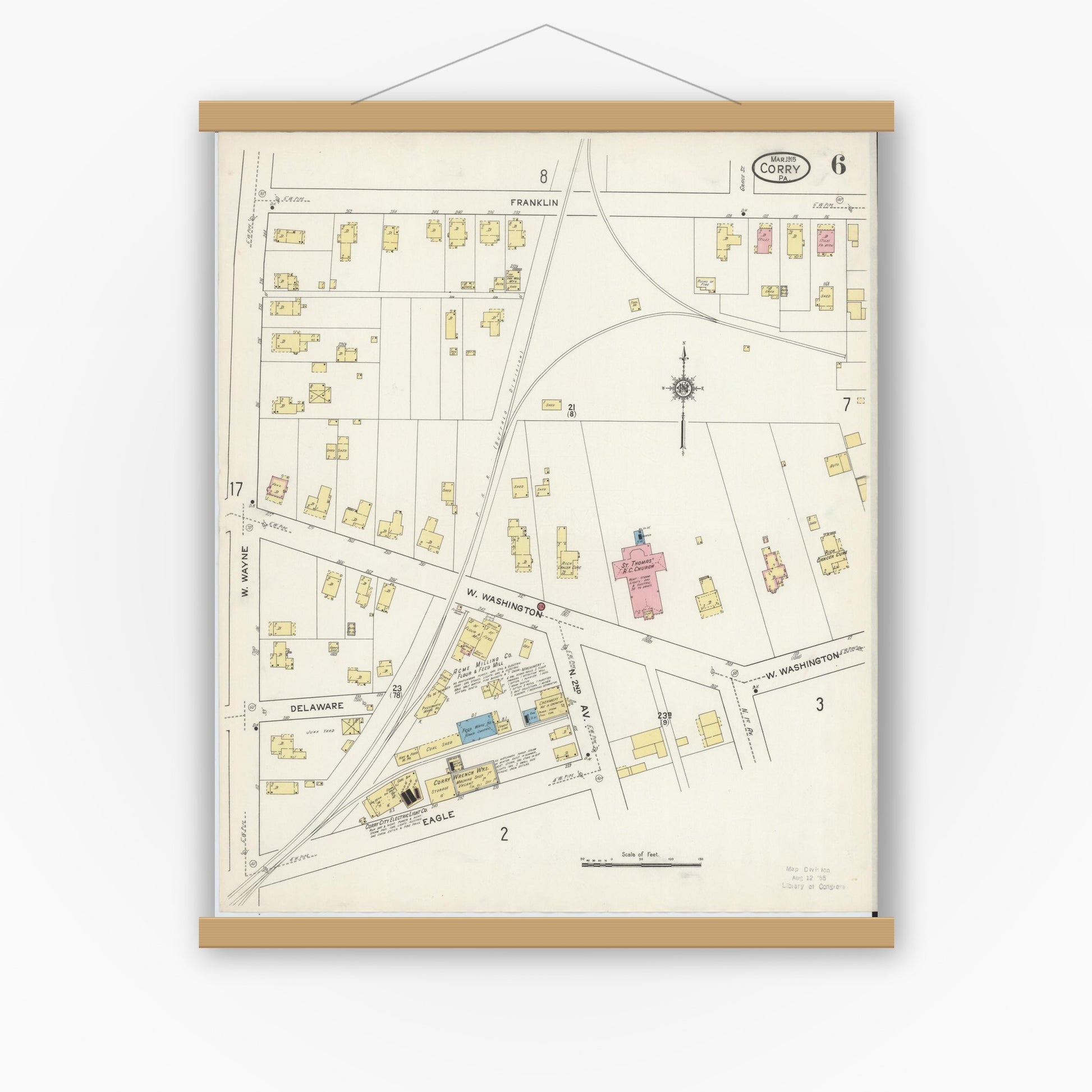 Old map wall art mockup — magnetic wood frame on white wall — Sanborn Fire Insurance Map from Corry, Erie County, Pennsylvania (1915), Sheet #0006