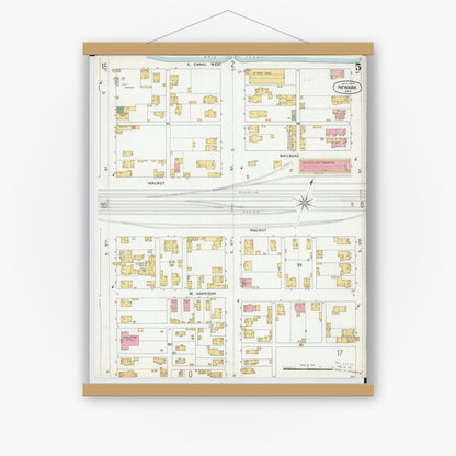 Old map wall art mockup — magnetic wood frame on white wall — Sanborn Fire Insurance Map from Newark, Licking County, Ohio (1899), Sheet #0005