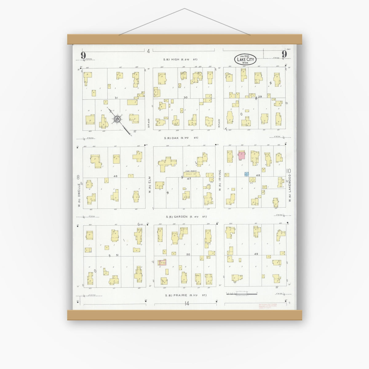 Old map wall art mockup — magnetic wood frame on white wall — Sanborn Fire Insurance Map from Lake City, Wabasha County, Minnesota (1930), Sheet #0009