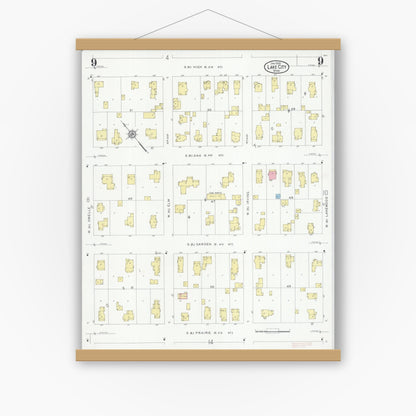 Old map wall art mockup — magnetic wood frame on white wall — Sanborn Fire Insurance Map from Lake City, Wabasha County, Minnesota (1930), Sheet #0009