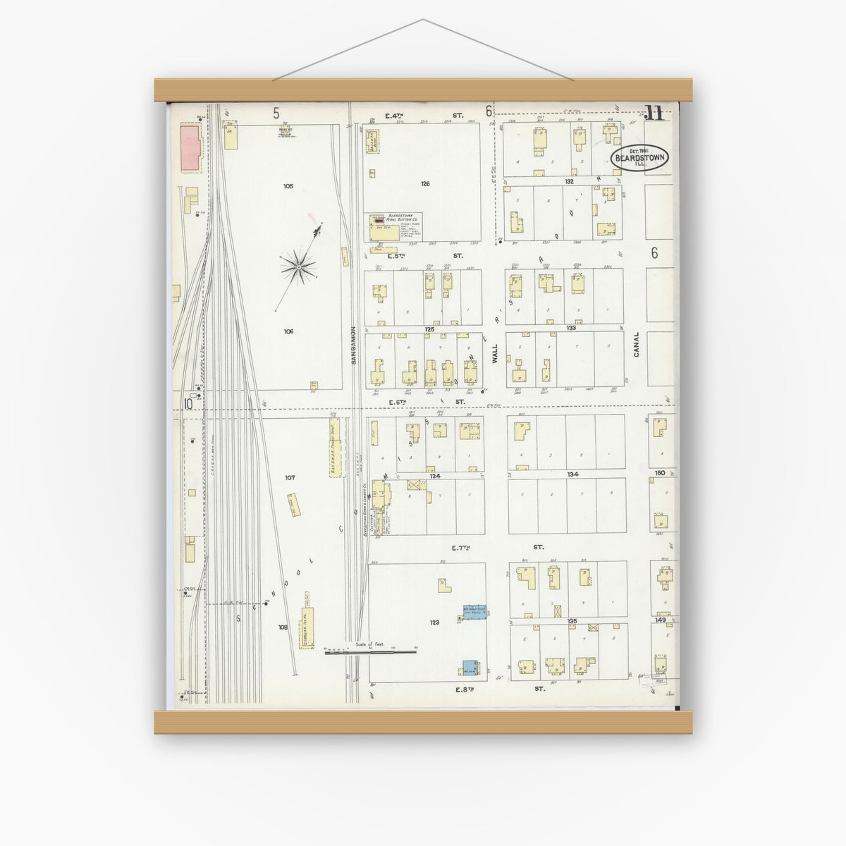 Old map wall art mockup — magnetic wood frame on white wall — Sanborn Fire Insurance Map from Beardstown, Cass County, Illinois (1906), Sheet #0011