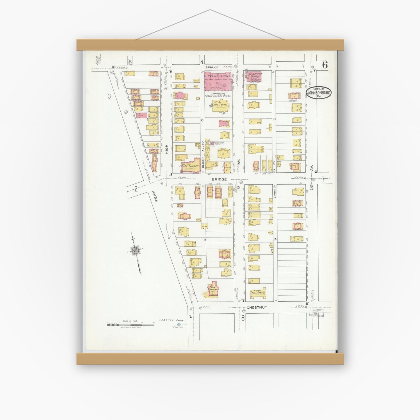 Old map wall art mockup — magnetic wood frame on white wall — Sanborn Fire Insurance Map from Johnsonburg, Elk County, Pennsylvania (1919), Sheet #0006