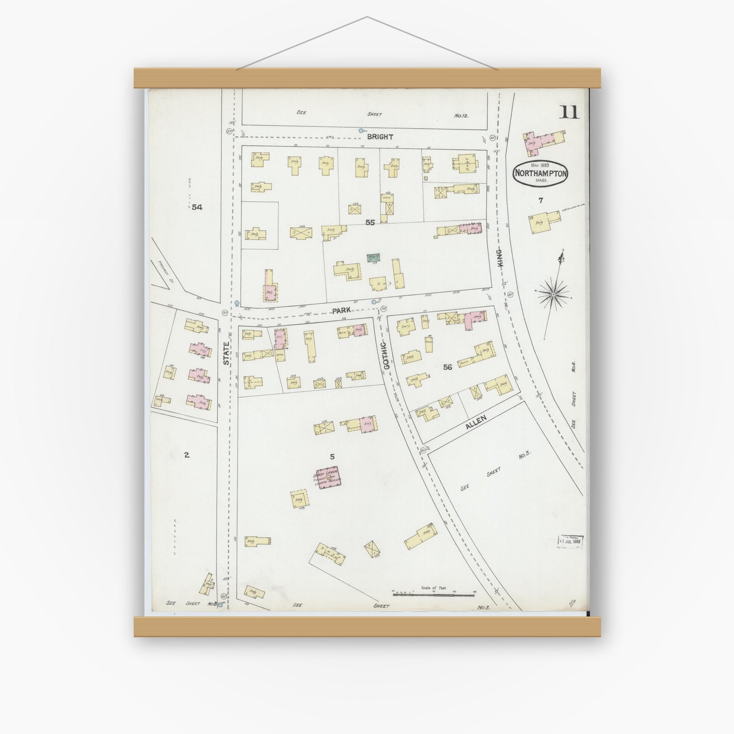Old map wall art mockup — magnetic wood frame on white wall — Sanborn Fire Insurance Map from Northampton, Hampshire County, Massachusetts (1889), Sheet #0011