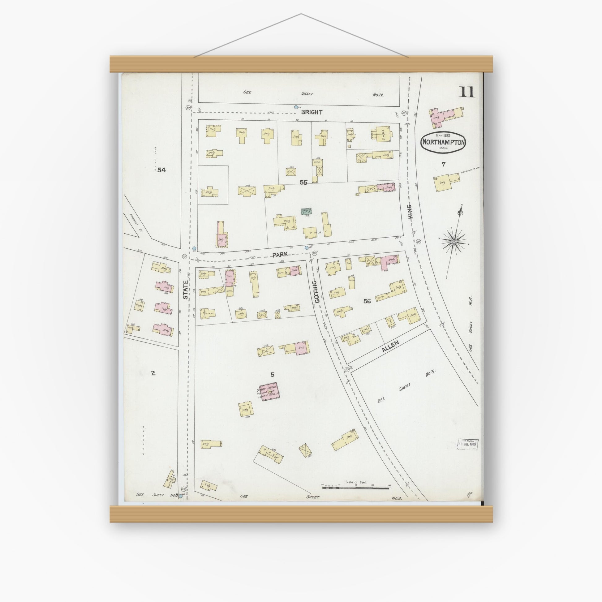 Old map wall art mockup — magnetic wood frame on white wall — Sanborn Fire Insurance Map from Northampton, Hampshire County, Massachusetts (1889), Sheet #0011