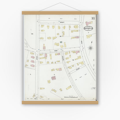 Old map wall art mockup — magnetic wood frame on white wall — Sanborn Fire Insurance Map from Northampton, Hampshire County, Massachusetts (1889), Sheet #0011