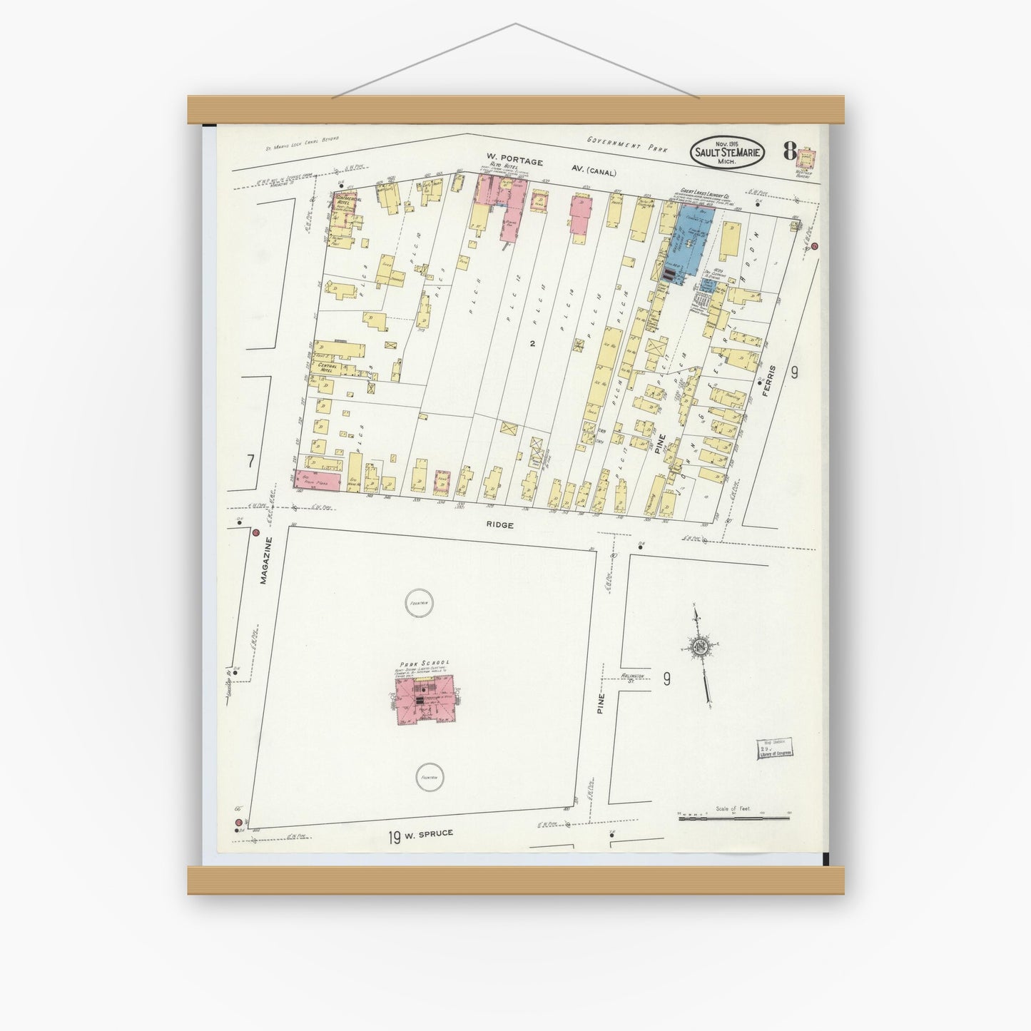 Old map wall art mockup — magnetic wood frame on white wall — Sanborn Fire Insurance Map from Sault Sainte Marie, Chippewa County, Michigan (1915), Sheet #0008