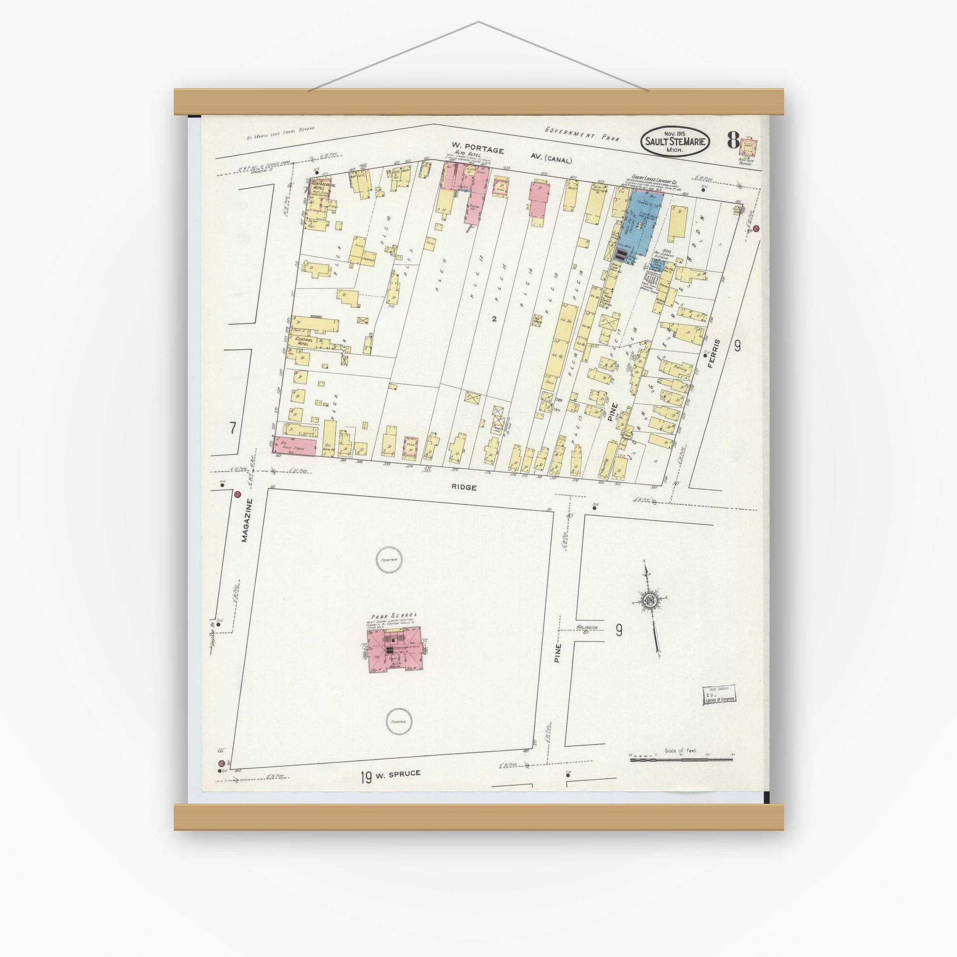 Old map wall art mockup — magnetic wood frame on white wall — Sanborn Fire Insurance Map from Sault Sainte Marie, Chippewa County, Michigan (1915), Sheet #0008
