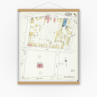 Old map wall art mockup — magnetic wood frame on white wall — Sanborn Fire Insurance Map from Sault Sainte Marie, Chippewa County, Michigan (1915), Sheet #0008