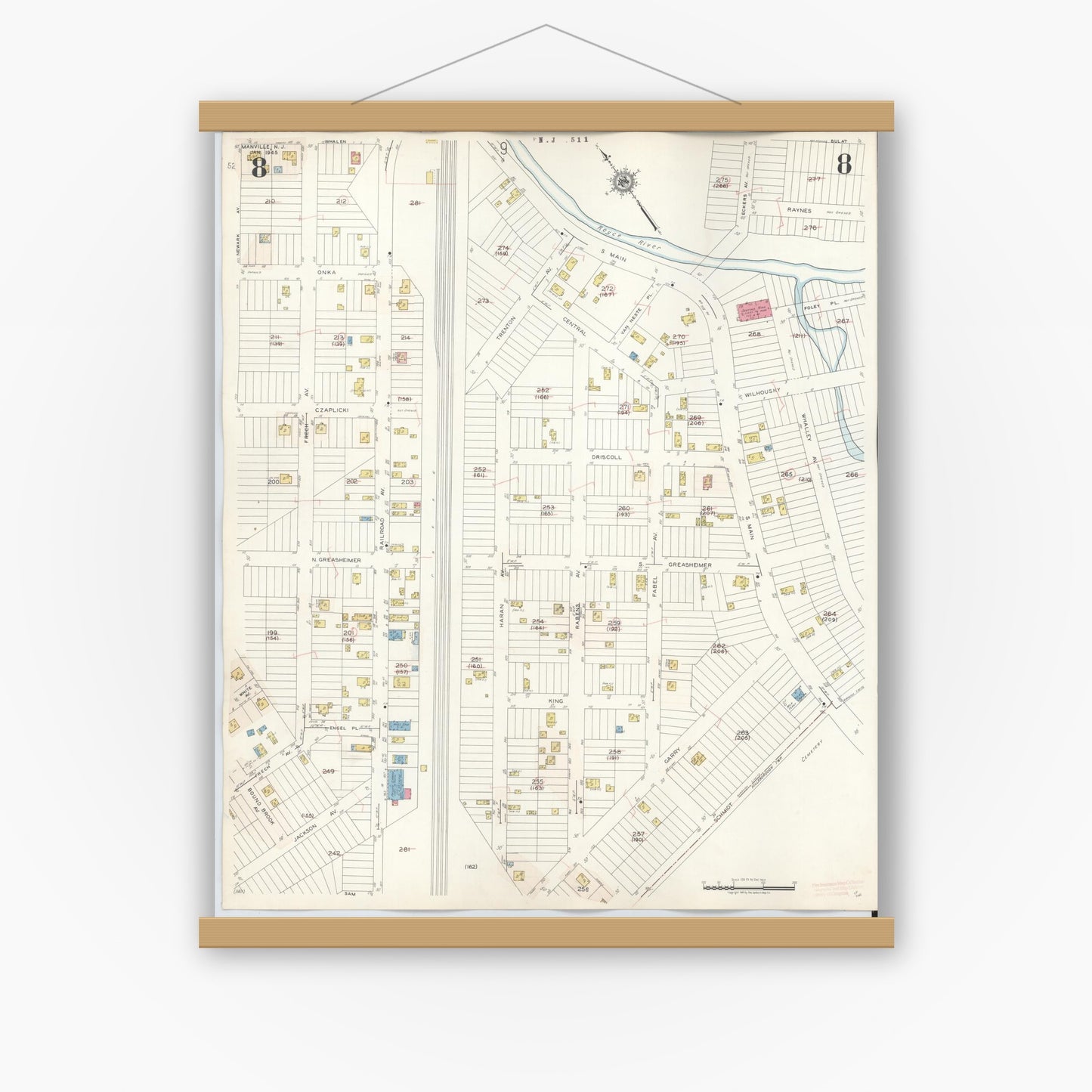 Old map wall art mockup — magnetic wood frame on white wall — Sanborn Fire Insurance Map from Manville, Somerset County, New Jersey (1949), Sheet #0008