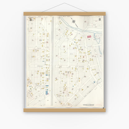 Old map wall art mockup — magnetic wood frame on white wall — Sanborn Fire Insurance Map from Manville, Somerset County, New Jersey (1949), Sheet #0008
