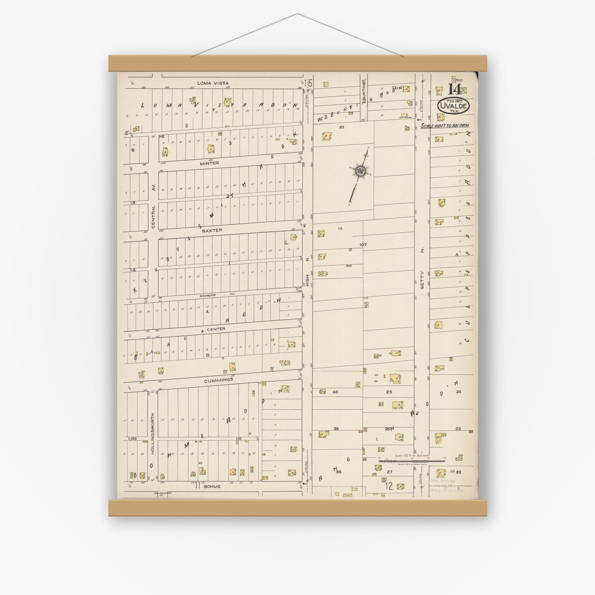 Old map wall art mockup — magnetic wood frame on white wall — Sanborn Fire Insurance Map from Uvalde, Uvalde County, Texas (1922), Sheet #0014