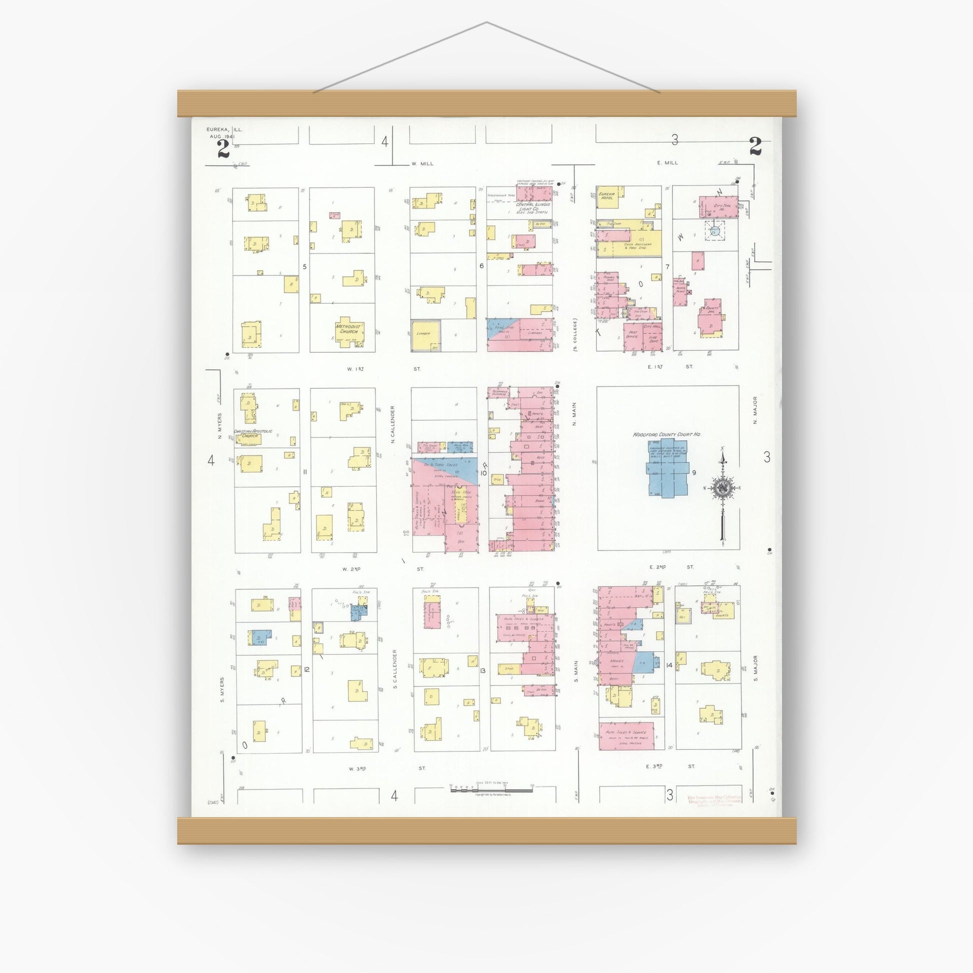Old map wall art mockup — magnetic wood frame on white wall — Sanborn Fire Insurance Map from Eureka, Woodford County, Illinois (1941), Sheet #0002