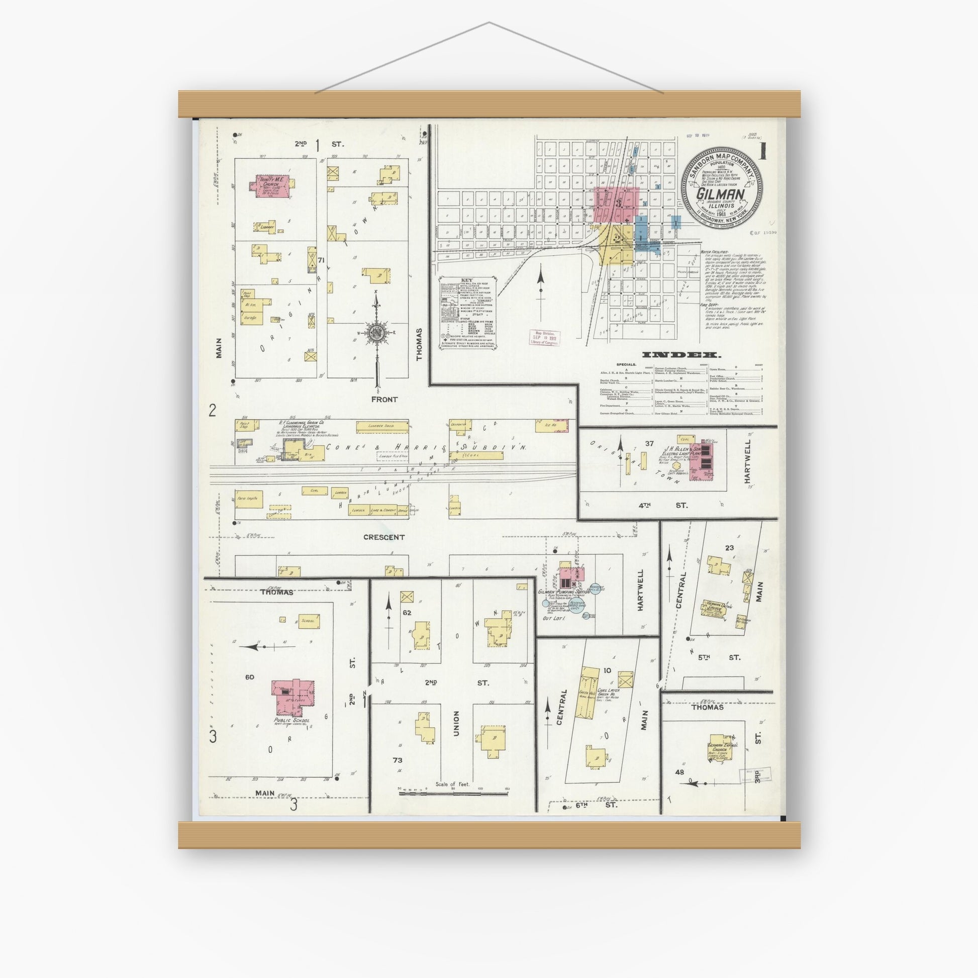 Old map wall art mockup — magnetic wood frame on white wall — Sanborn Fire Insurance Map from Gilman, Iroquois County, Illinois (1911) - Complete Map Set