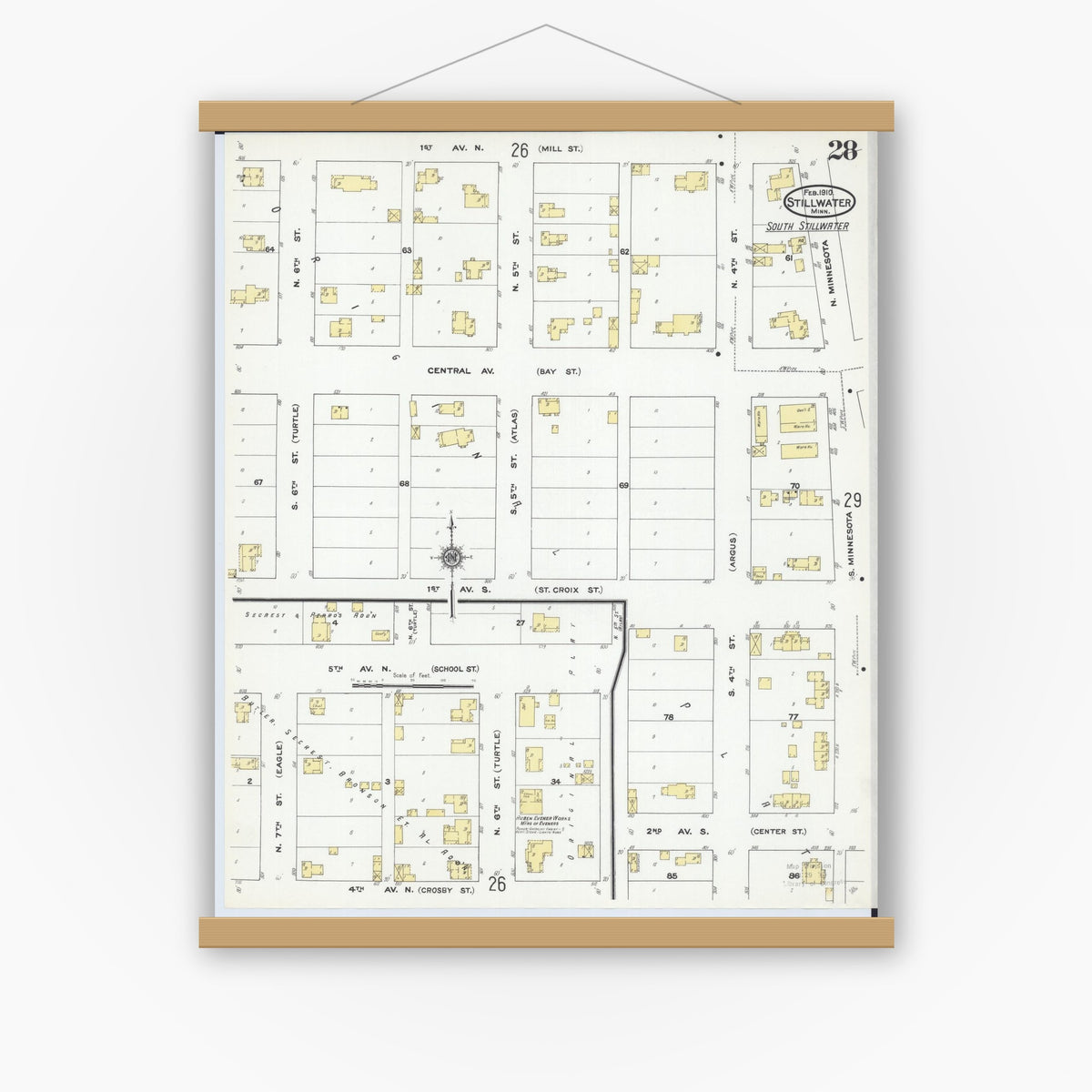 Old map wall art mockup — magnetic wood frame on white wall — Sanborn Fire Insurance Map from Stillwater, Washington County, Minnesota (1910), Sheet #0028