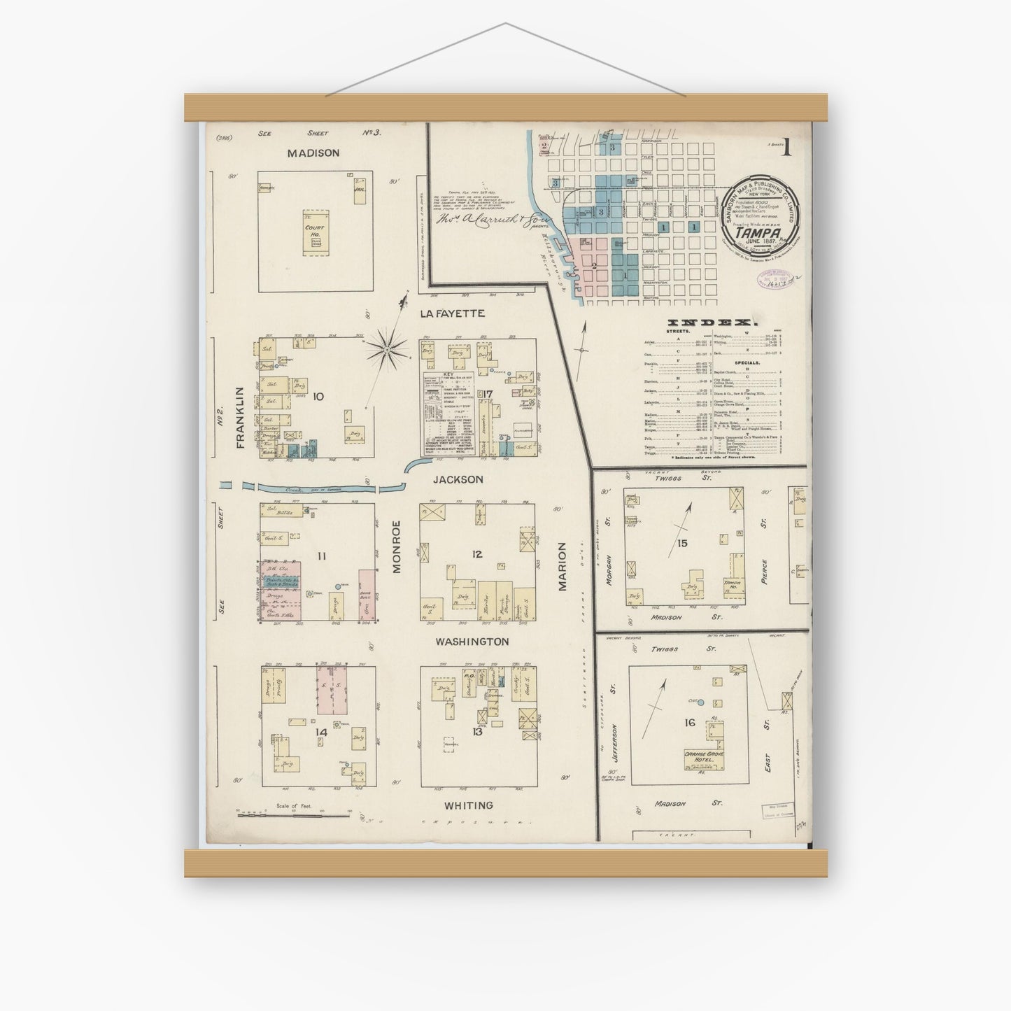 Old map wall art mockup — magnetic wood frame on white wall — Sanborn Fire Insurance Map from Tampa, Hillsborough County, Florida (1887) - Complete Map Set