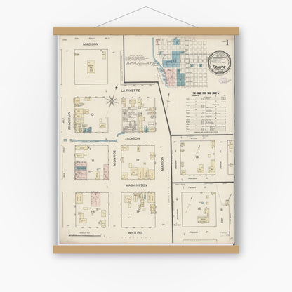 Old map wall art mockup — magnetic wood frame on white wall — Sanborn Fire Insurance Map from Tampa, Hillsborough County, Florida (1887) - Complete Map Set