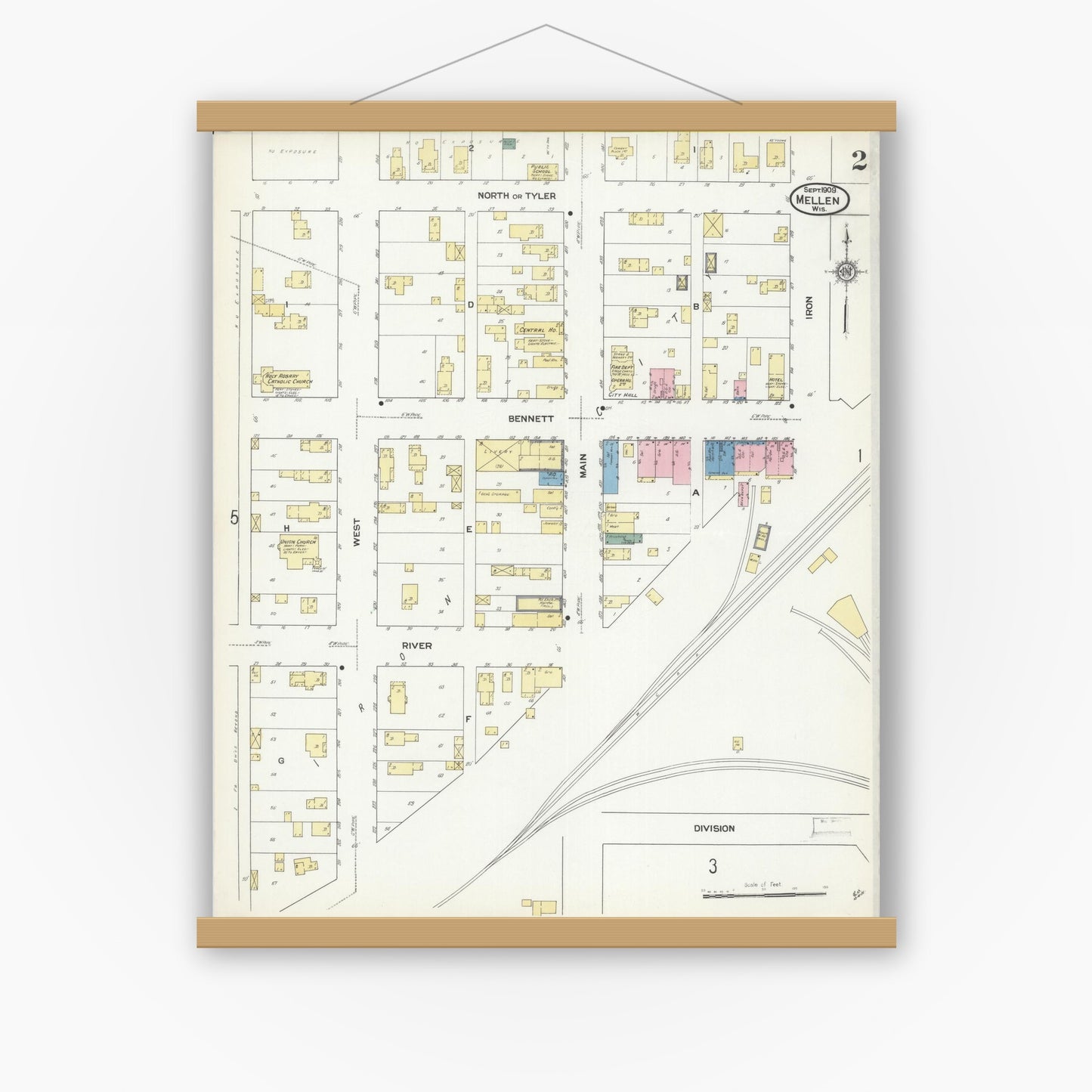 Old map wall art mockup — magnetic wood frame on white wall — Sanborn Fire Insurance Map from Mellen, Ashland County, Wisconsin (1909), Sheet #0002