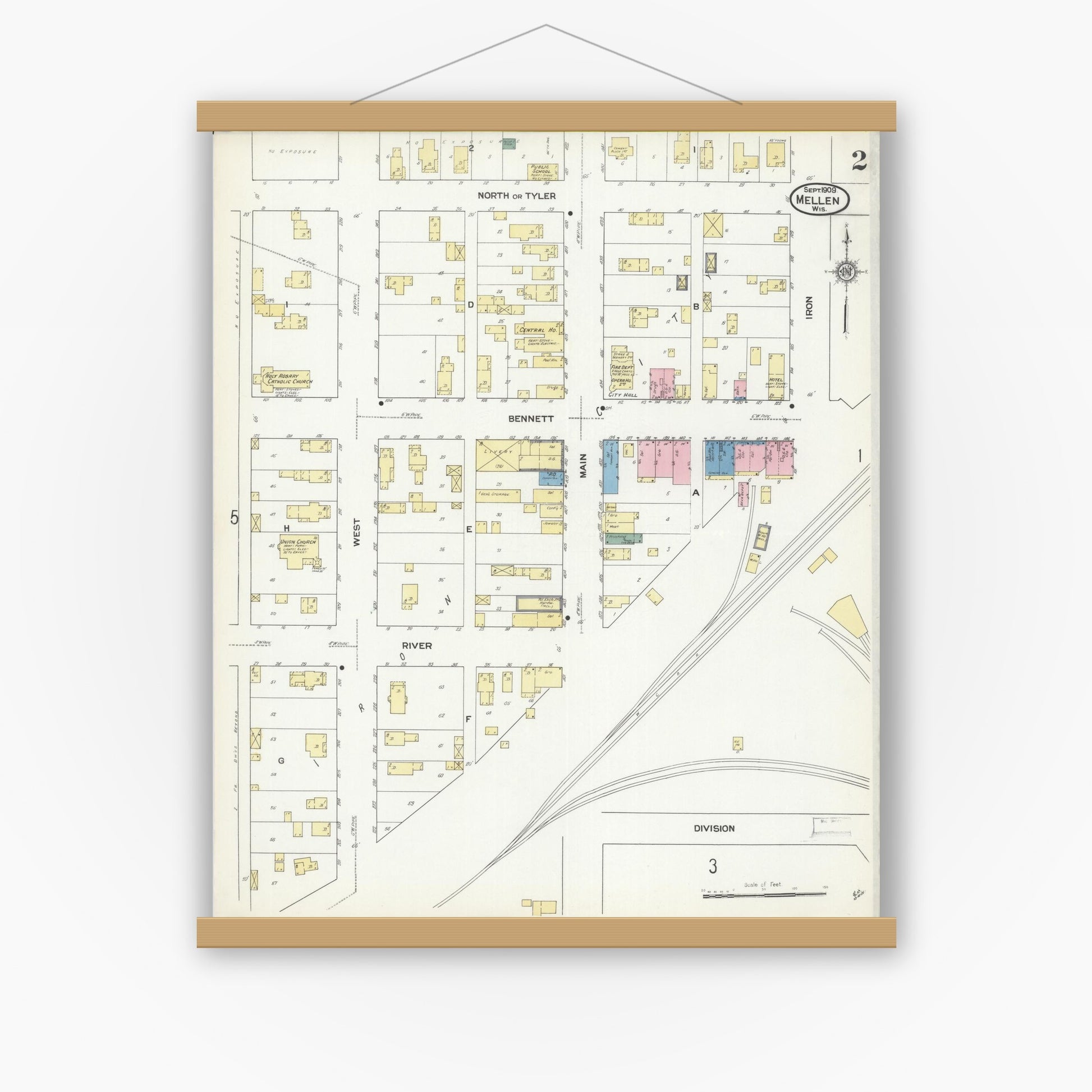 Old map wall art mockup — magnetic wood frame on white wall — Sanborn Fire Insurance Map from Mellen, Ashland County, Wisconsin (1909), Sheet #0002