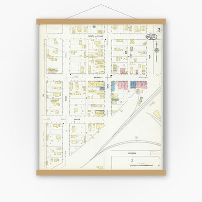 Old map wall art mockup — magnetic wood frame on white wall — Sanborn Fire Insurance Map from Mellen, Ashland County, Wisconsin (1909), Sheet #0002